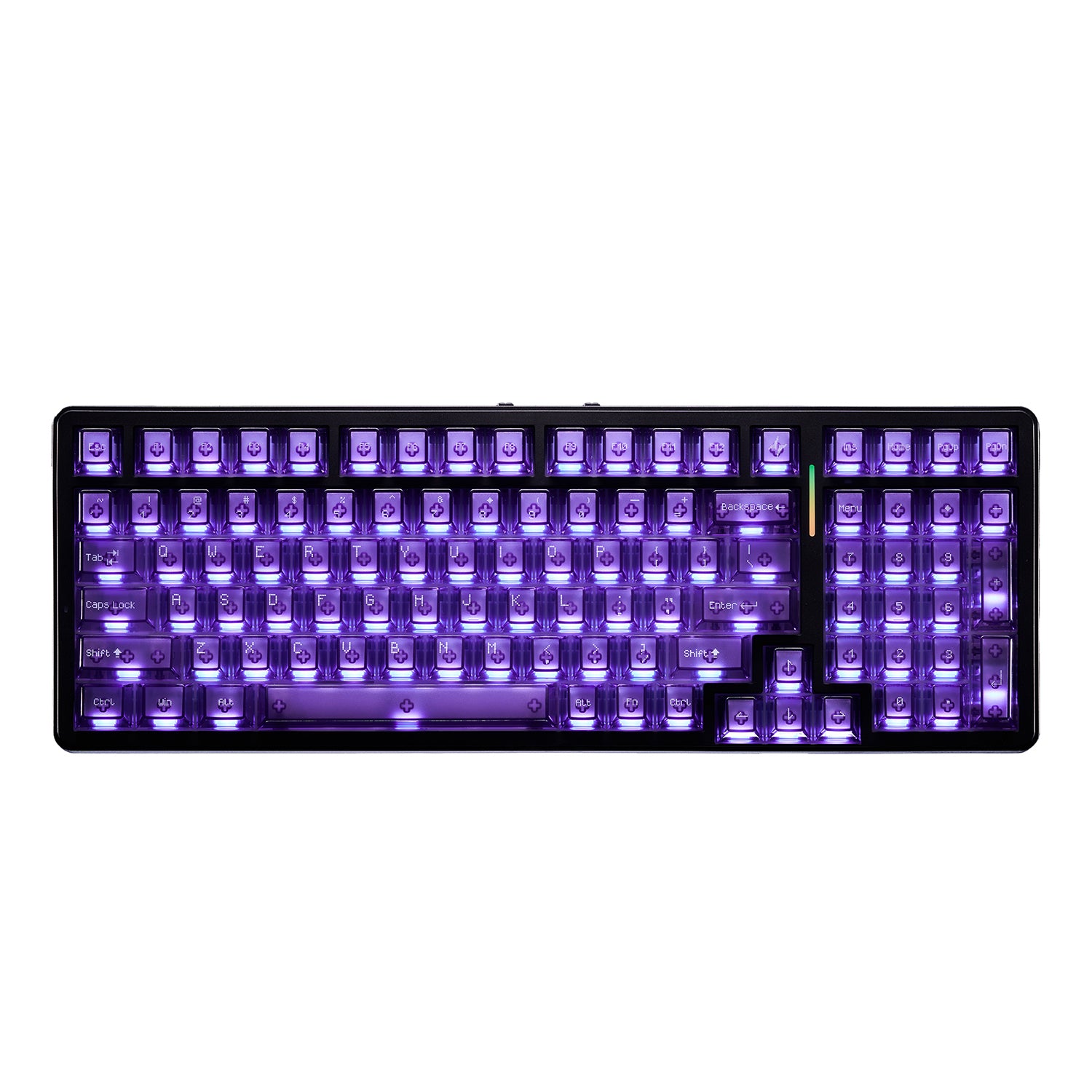 ATK A98 Pro wireless mechanical gaming keyboard with purple RGB backlighting and transparent keycaps.