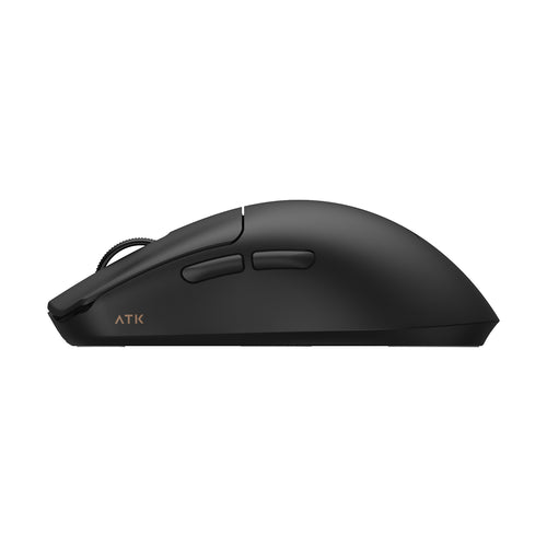ATK Blazing Sky F1 V2 Series wireless esports mouse, black, with textured scroll wheel and side buttons.