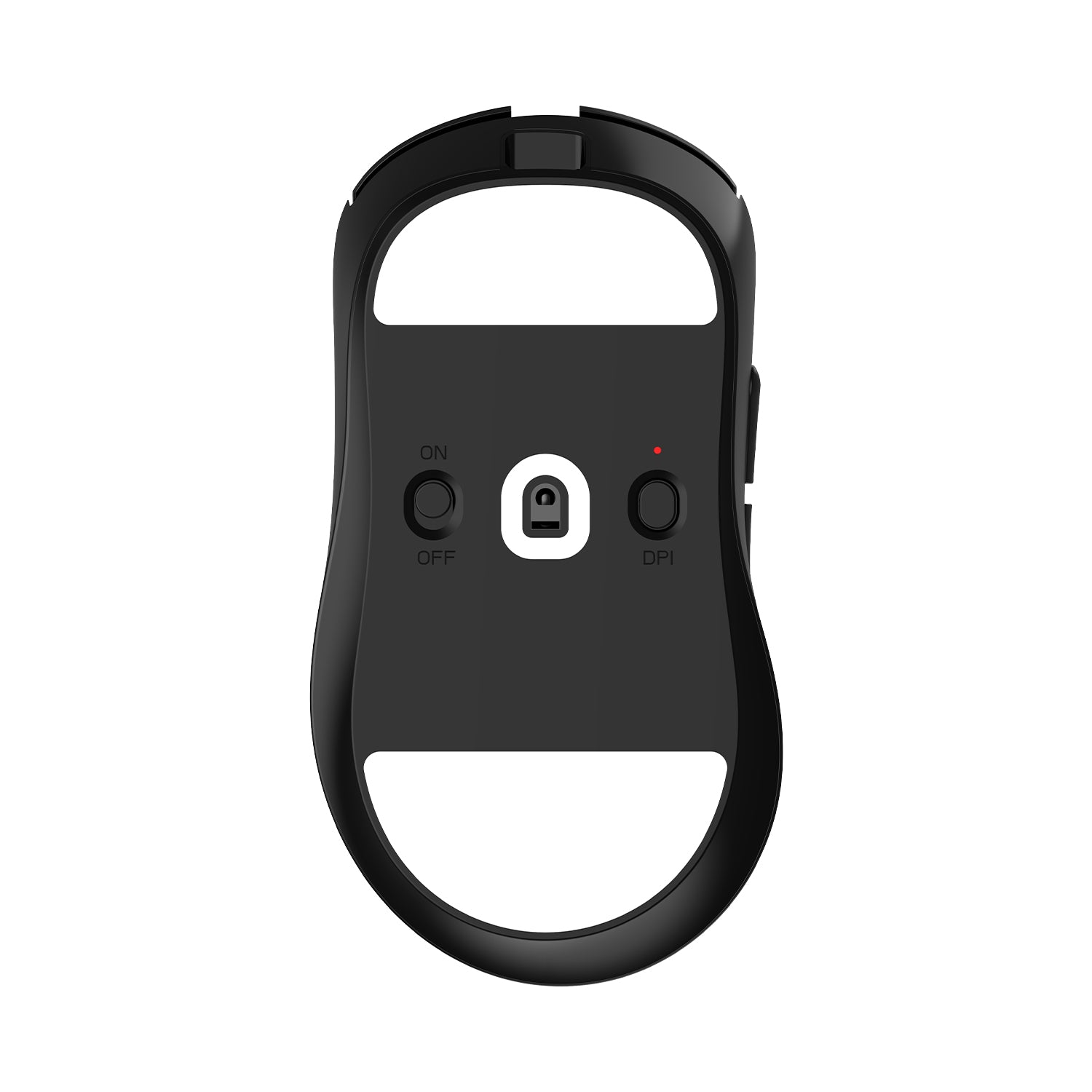 ATK Dragonfly Y9 Series lightweight ergonomic wireless mouse bottom view showing on/off and DPI buttons.