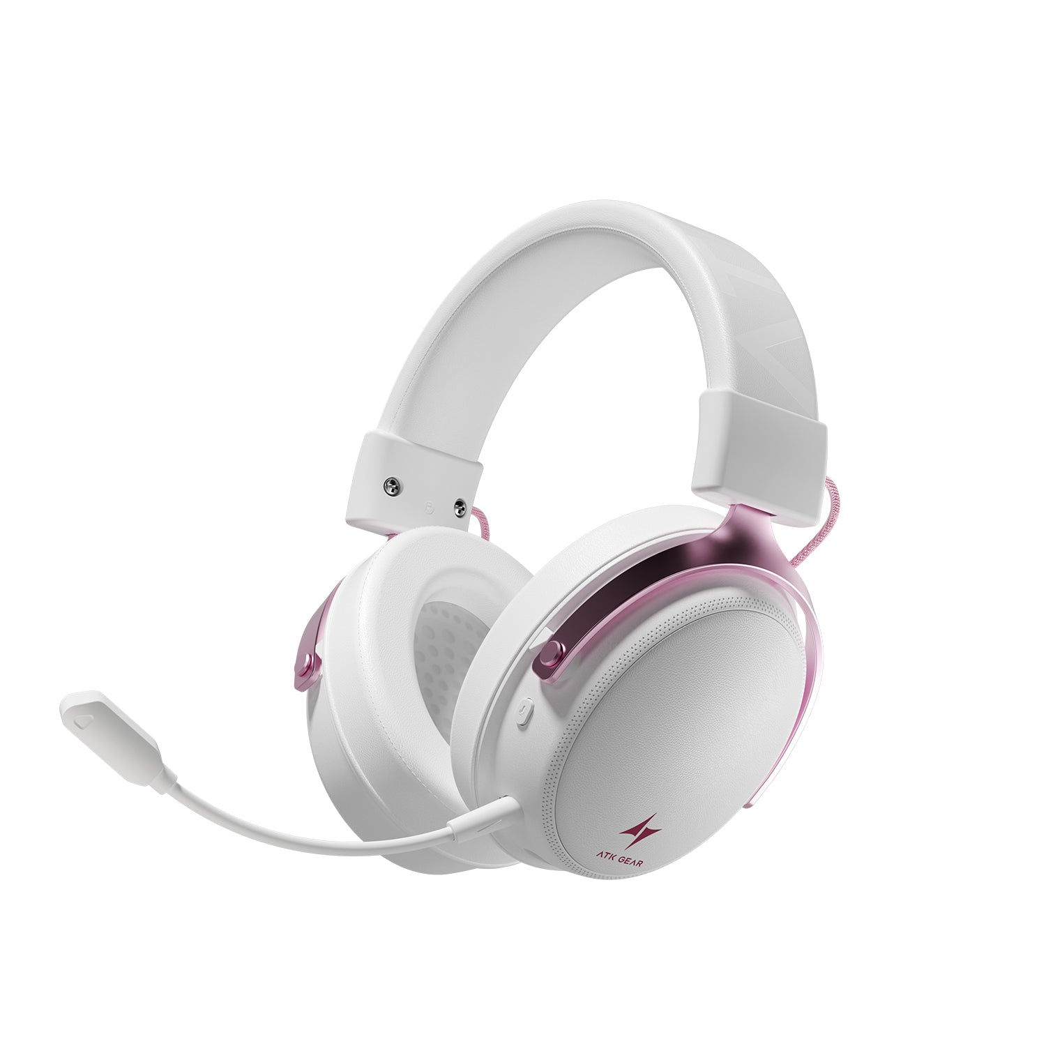 White ATK Neptune N9 eSports wireless gaming headset with pink accents and detachable microphone.