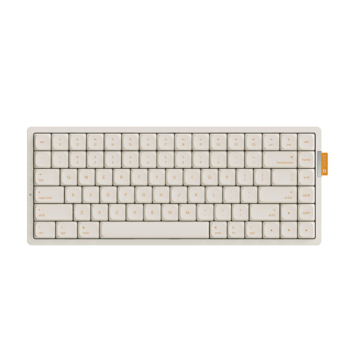Cream mechanical keyboard with orange key legends. Compact 60% layout, minimalist design with rounded keycaps. Ergonomic and stylish for modern desks.