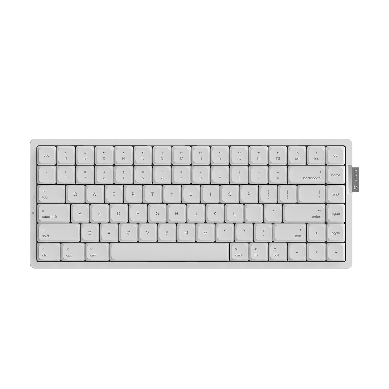 Minimalist white compact mechanical keyboard with QWERTY layout and function keys.