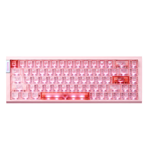 ATK RS6 Air Esports 65% keyboard with frosted translucent pink keycaps and RGB lighting.