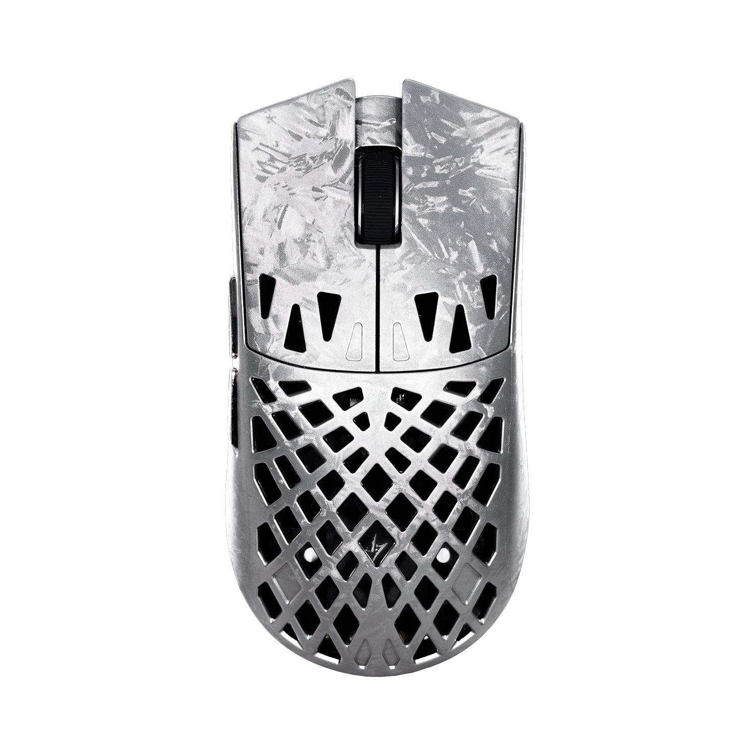 ATK Blazing Sky GHOST hollow carbon fiber wireless gaming mouse with a unique textured silver finish and perforated design.
