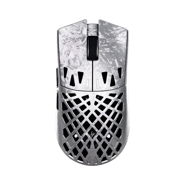 ATK Blazing Sky GHOST hollow carbon fiber wireless gaming mouse with a unique textured silver finish and perforated design.