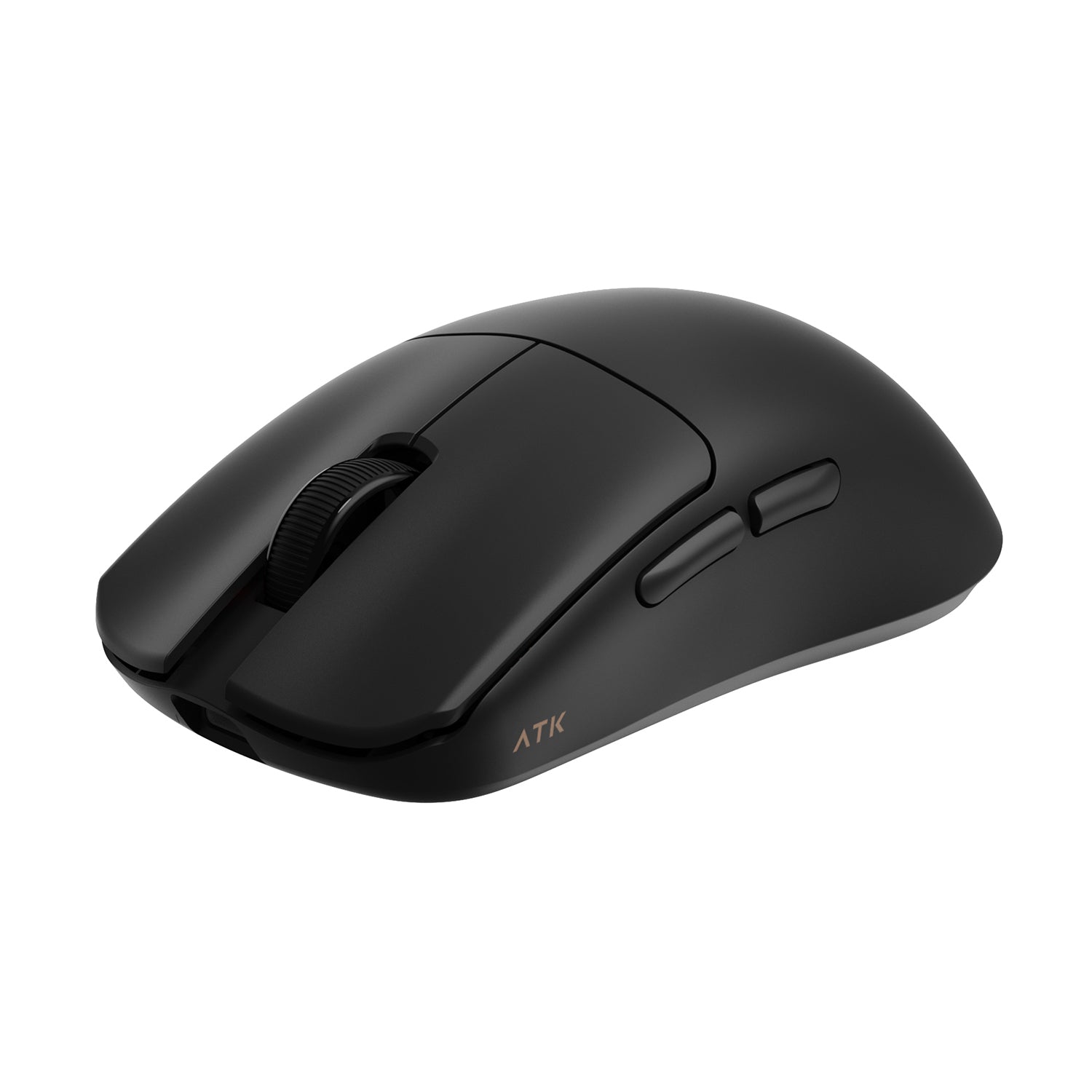 ATK Blazing Sky F1 V2 Series wireless esports mouse, black, ergonomic design with textured scroll wheel and side buttons.