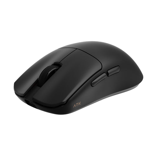 ATK Blazing Sky F1 V2 Series wireless esports mouse, black, ergonomic design with textured scroll wheel and side buttons.