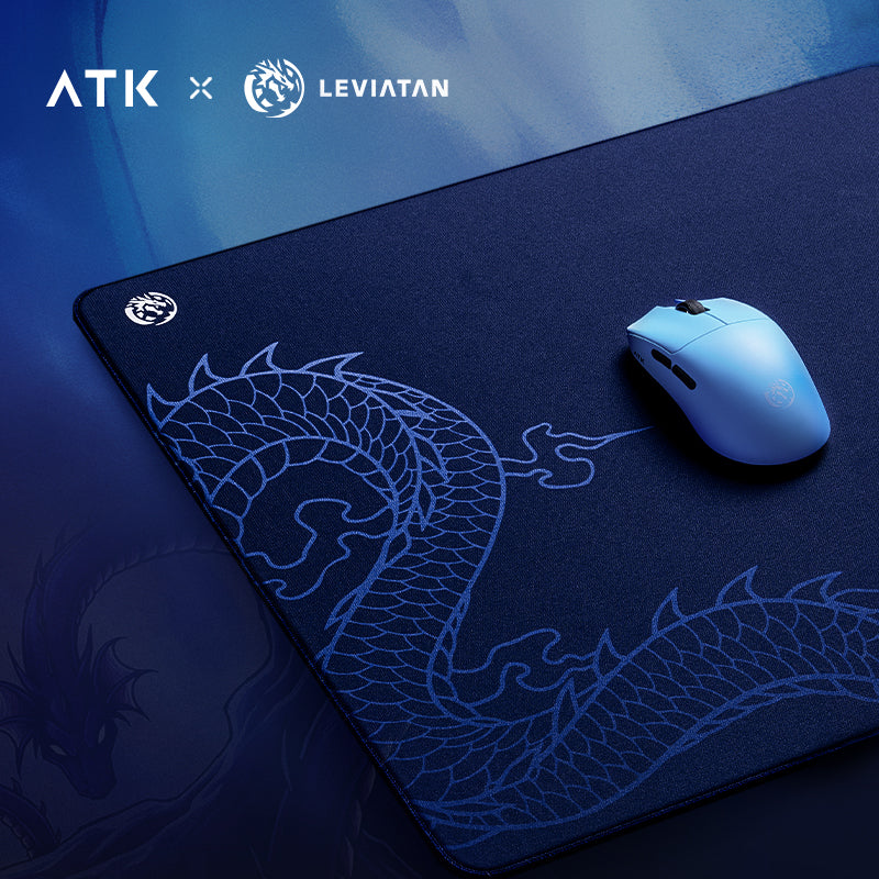 ATK x LEVIATAN blue gaming mouse pad with a blue dragon design and a blue gaming mouse.