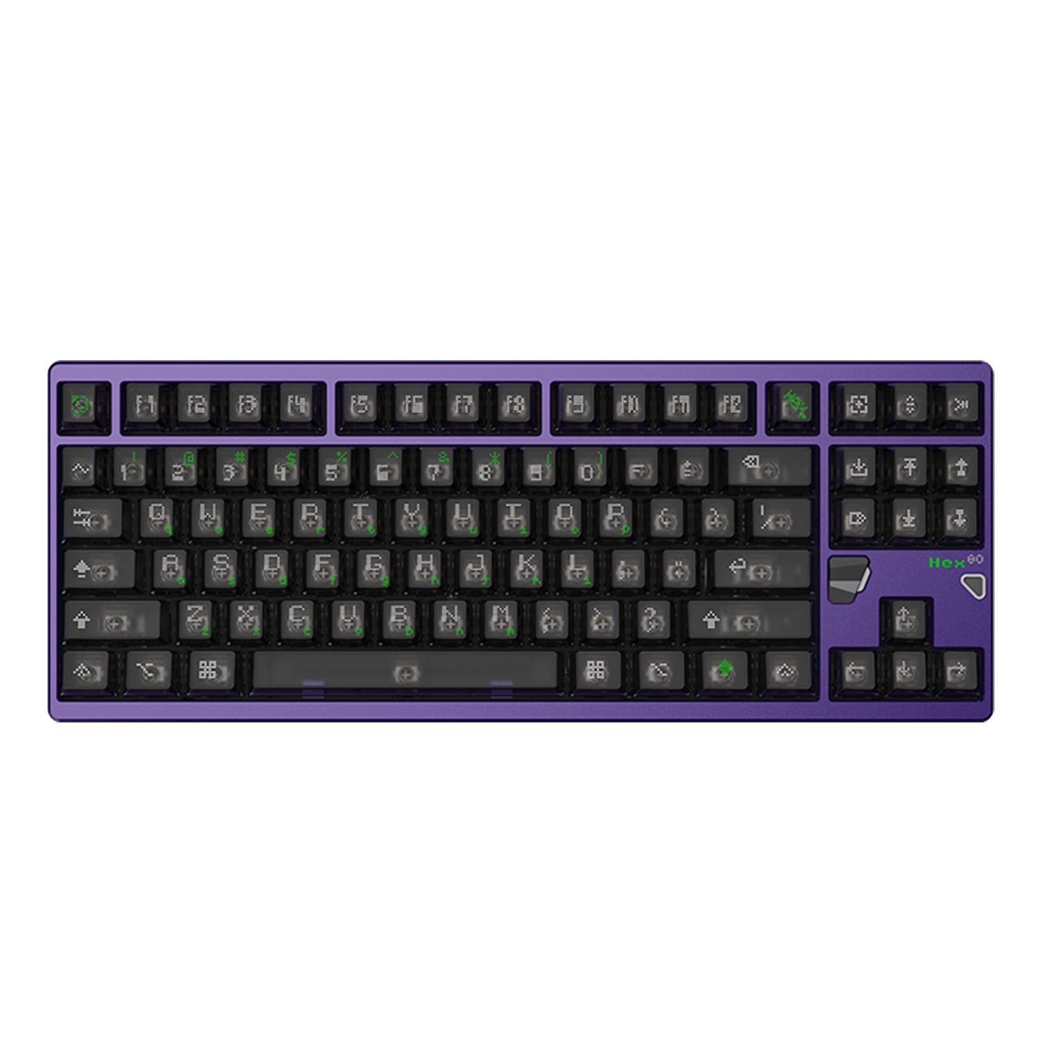 ATK x QK Hex80 TKL keyboard with purple aluminum case and frosted PC keycaps featuring green legends.