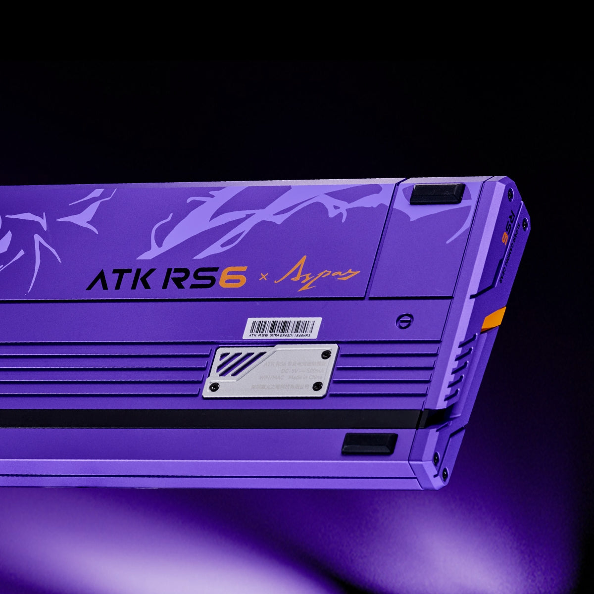 ATK RS6 Ultra Aluminum Hall Effect Keyboard with Aspas collaboration in purple.
