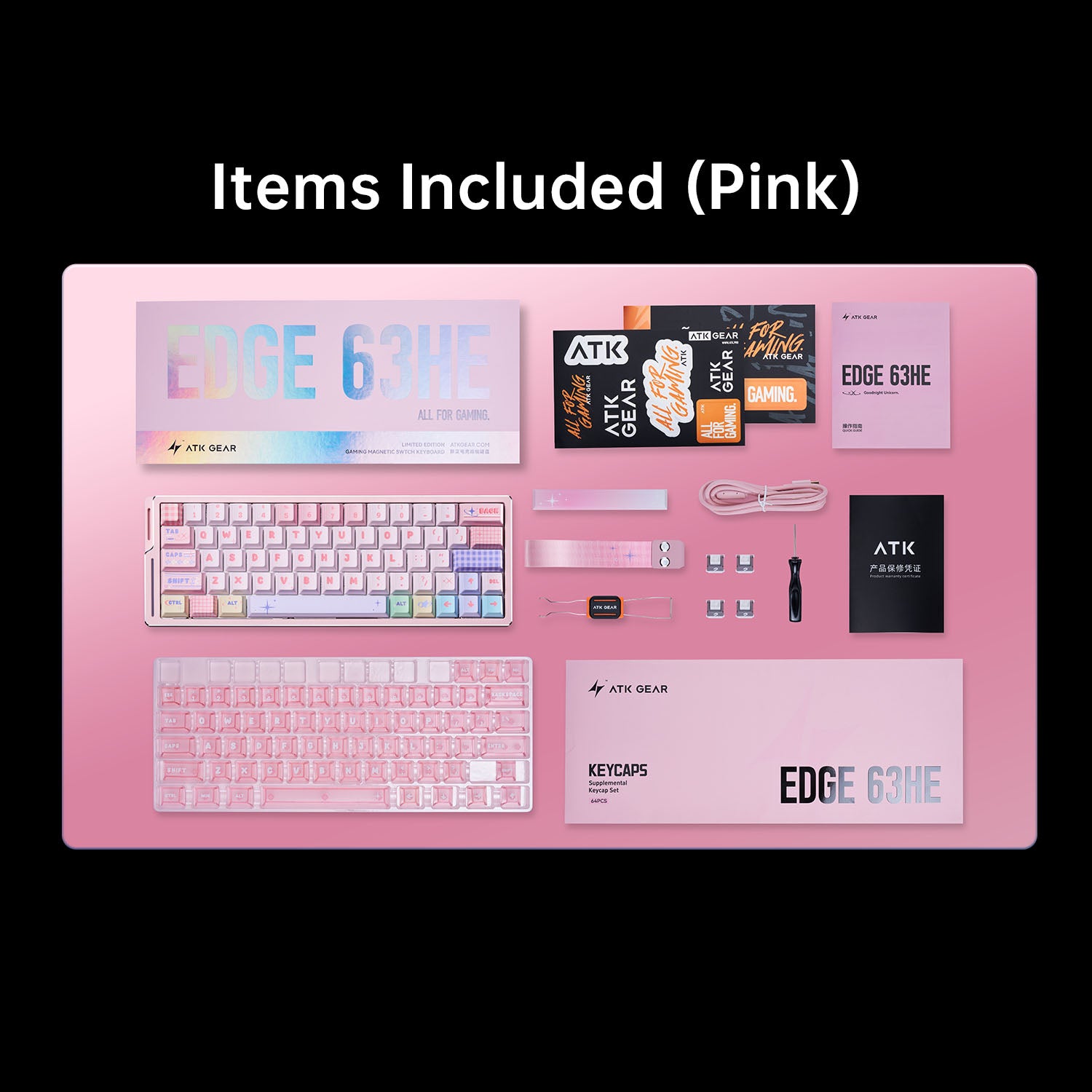 ATK EDGE 63 HE Esports Magnetic Keyboard pink accessory bundle including keycaps, cable, and tools.