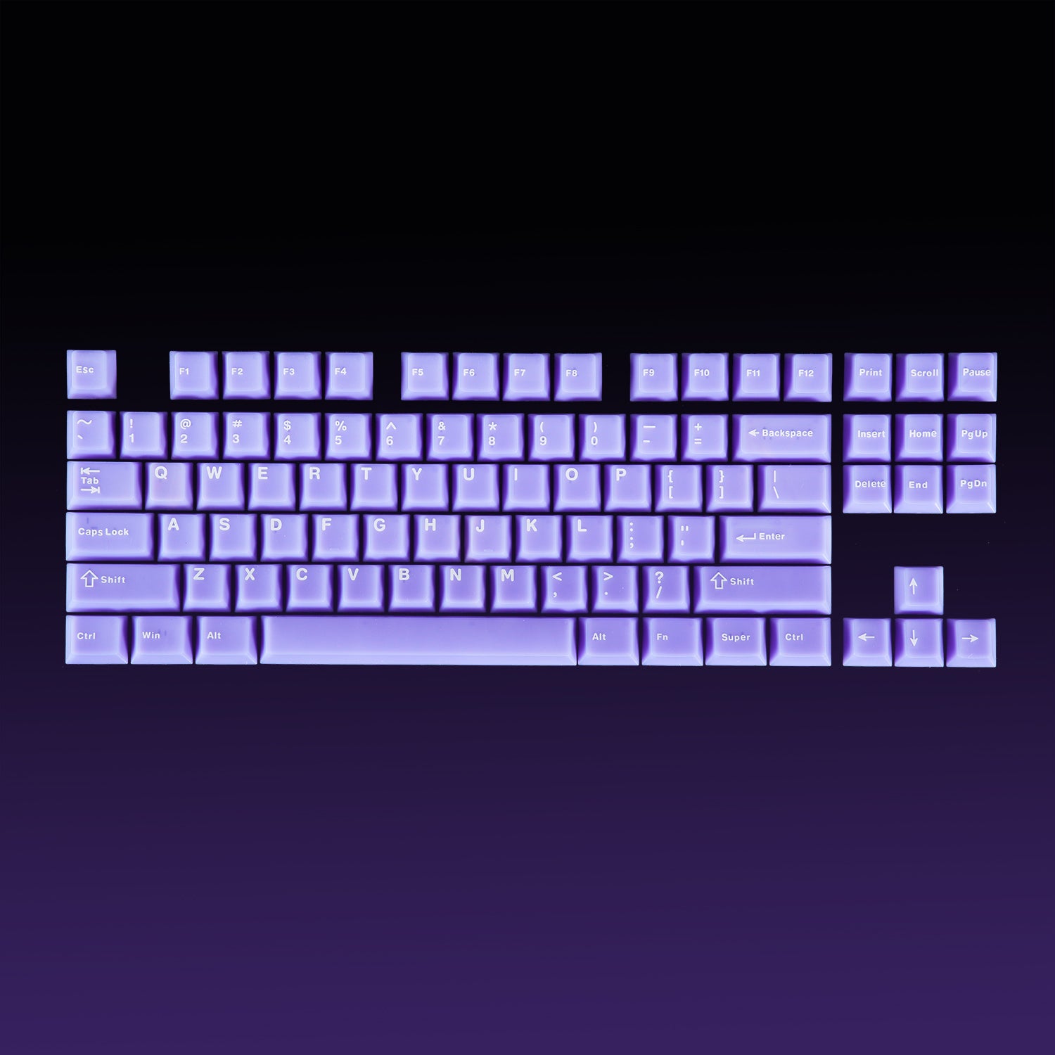 Lavender purple mechanical keyboard with clean, uniform keycaps and illuminated legends. The layout is standard QWERTY.