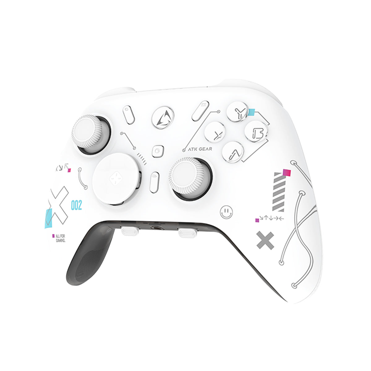White ATK AXE Series wireless game controller with dual analog sticks and geometric accents.