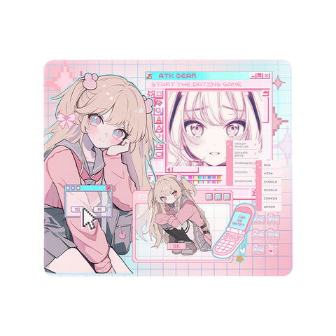 ATK Anime Mouse Pad: Pastel pink pixel art with anime girl, dating game interface, and "Can We Date?" phone.