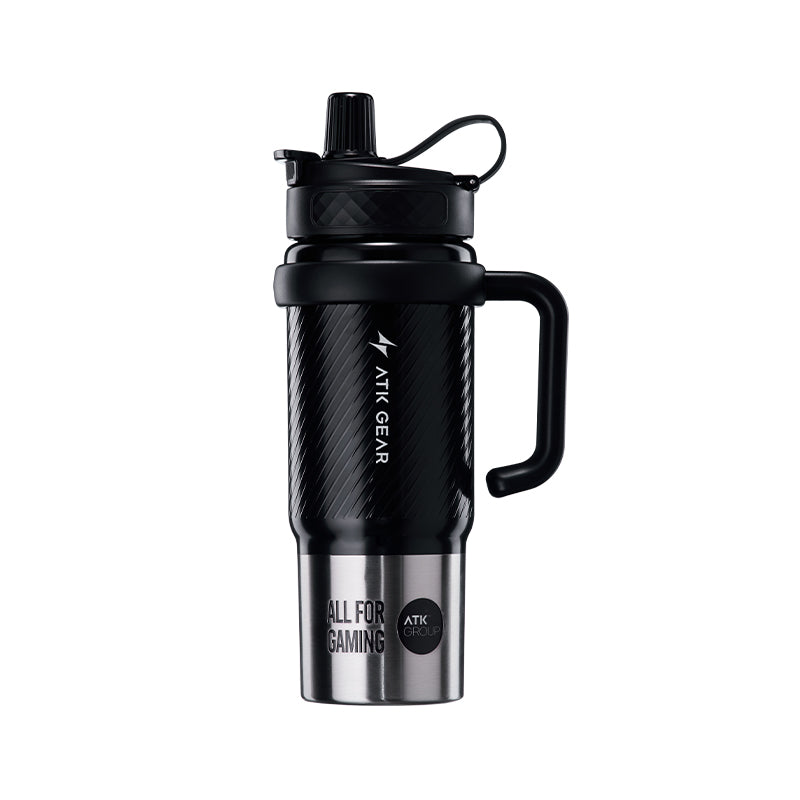 ATK Stainless Steel Insulated Bottle 800ml, black textured body with handle, "All For Gaming" text and ATK Group logo.