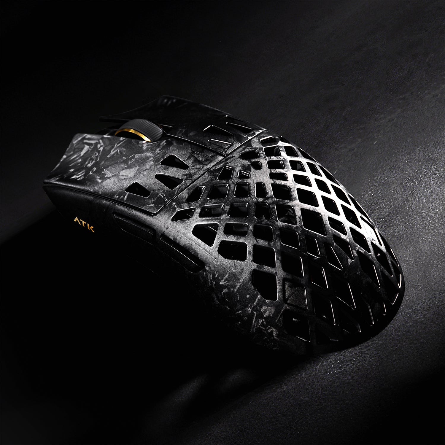 ATK Blazing Sky GHOST hollow carbon fiber wireless gaming mouse with gold scroll wheel