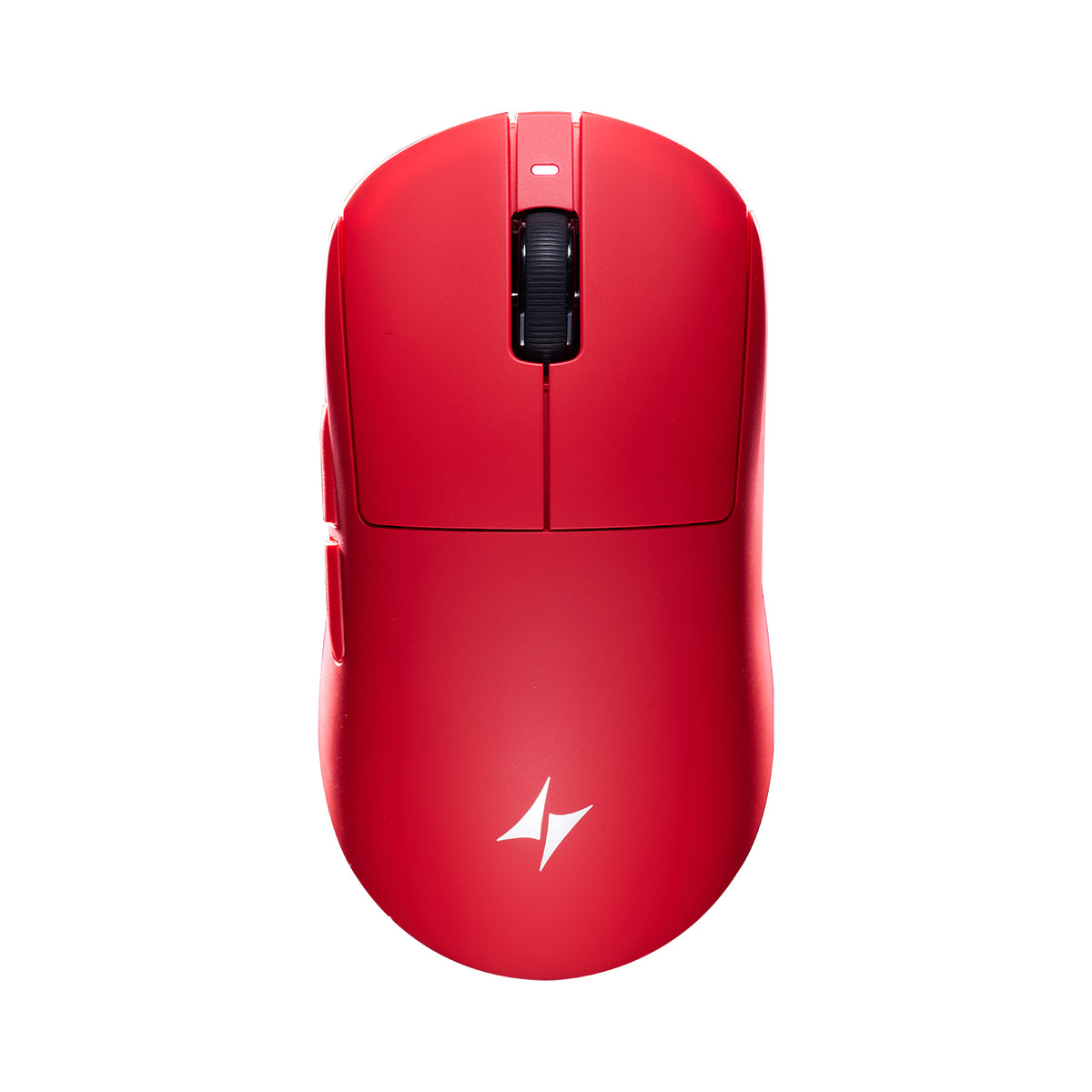 Red ATK Dragonfly A9 lightweight wireless gaming mouse with textured scroll wheel and white lightning bolt logo.