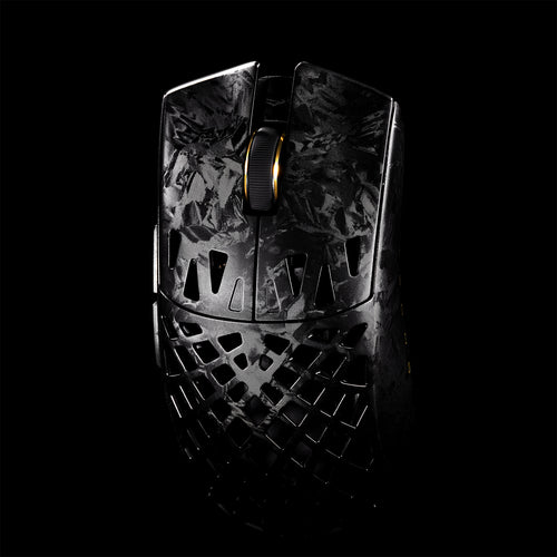 ATK Blazing Sky GHOST wireless gaming mouse with hollow carbon fiber design and gold scroll wheel.