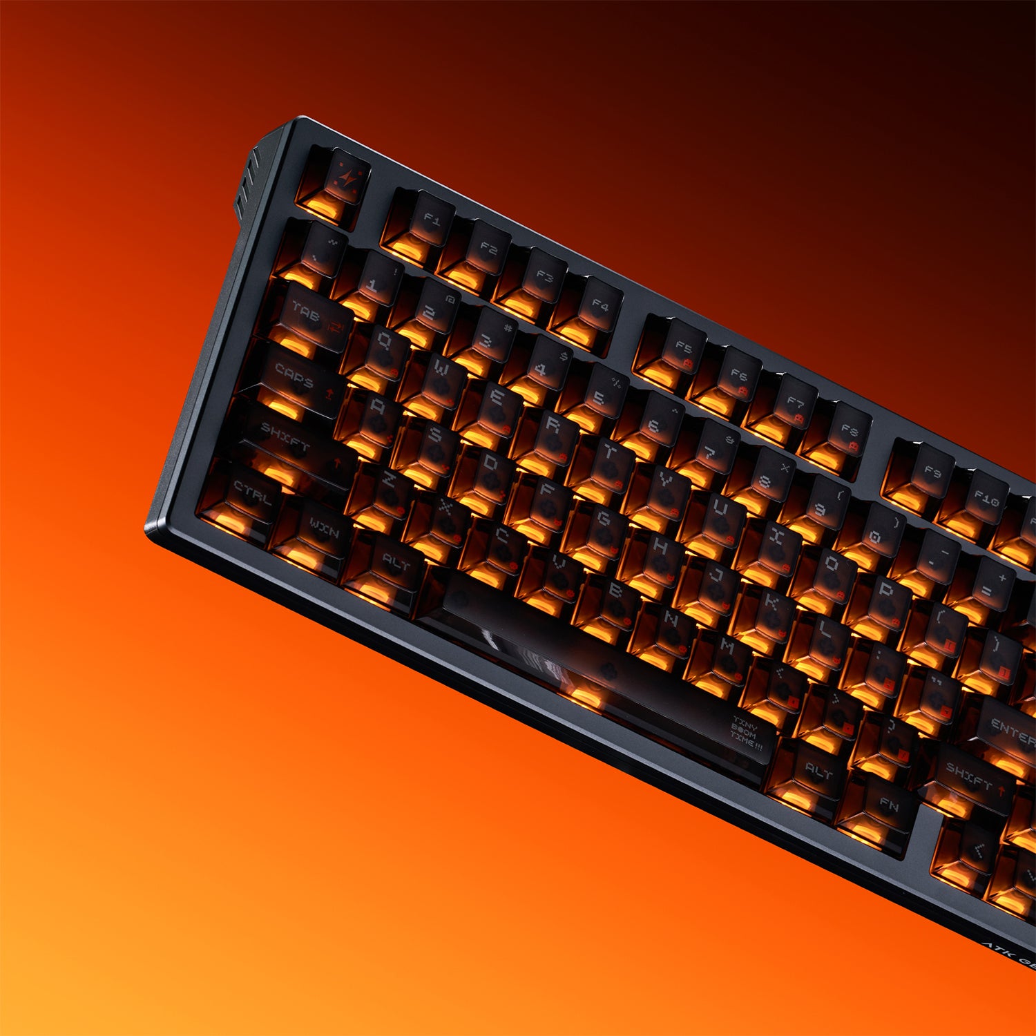ATK RS7 Turbo esports keyboard with orange backlighting and aluminum top case