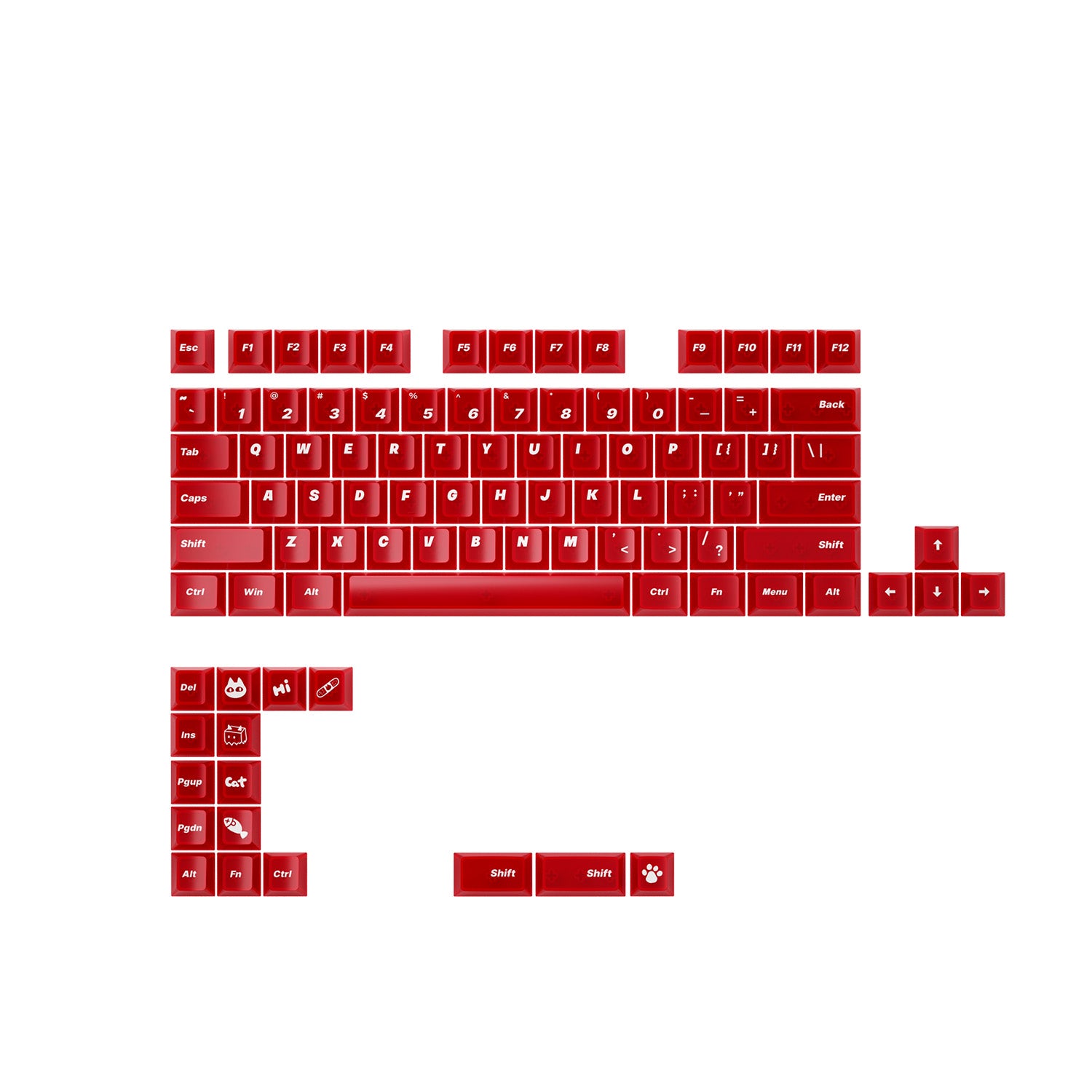Red mechanical keyboard keycaps including letter, number, function, and special keys.