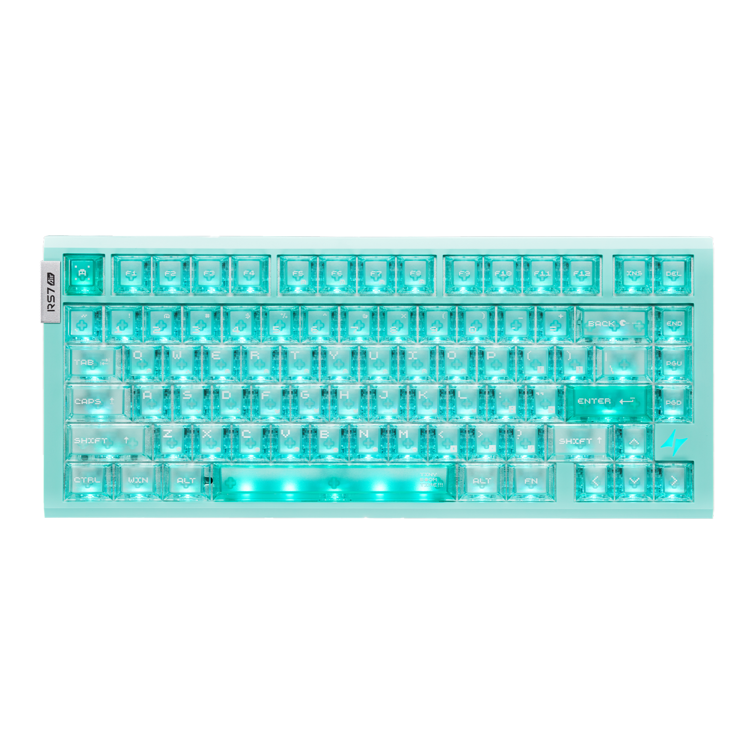 ATK RS7 Air Esports 75% translucent teal mechanical keyboard with frosted keycaps and RGB backlighting.