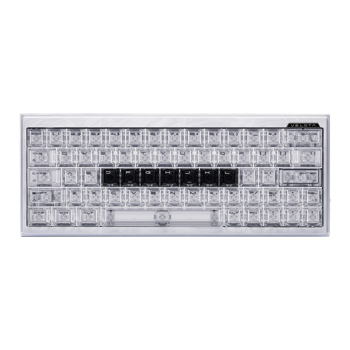 Transparent Velota FUZZY 60/63 V2 hall effect keyboard with compact layout and black accent keys