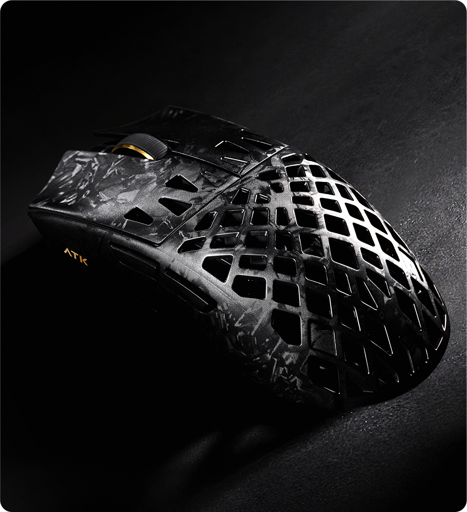 ATK GHOST carbon fibre gaming mouse with open shell and gold scroll wheel