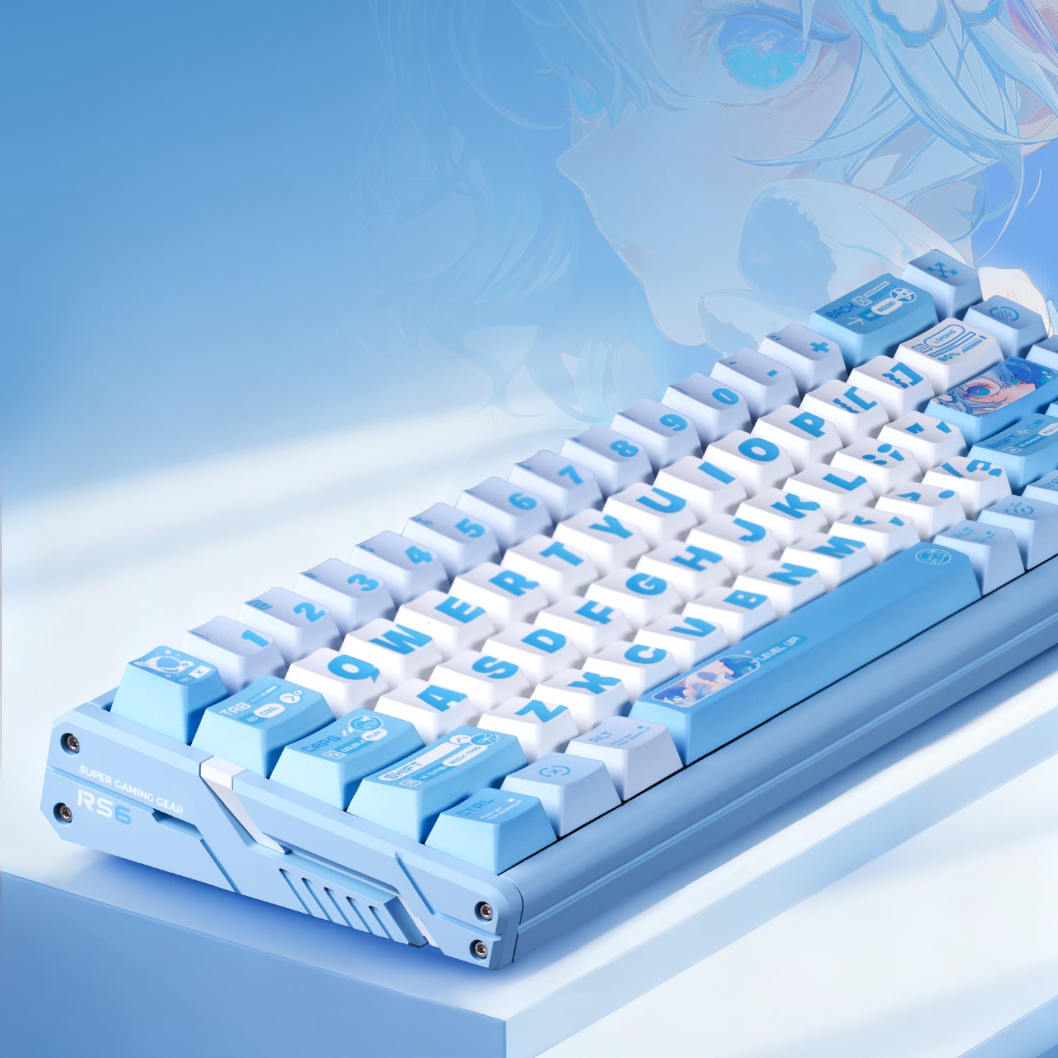 ATK RS6 Aluminum Hall Effect Keyboard with blue and white keycaps featuring anime-inspired designs.