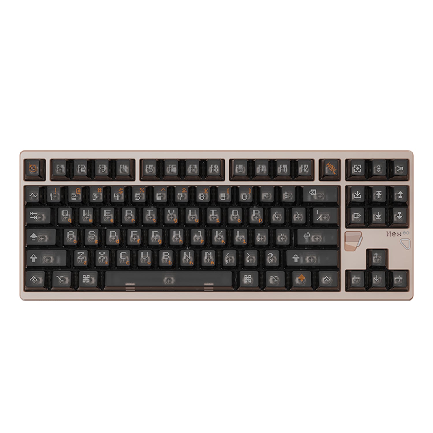 ATK x QK Hex80 TKL beige aluminum keyboard with frosted PC Cherry keycaps, unique orange legends, and 'Hex 80' branding.