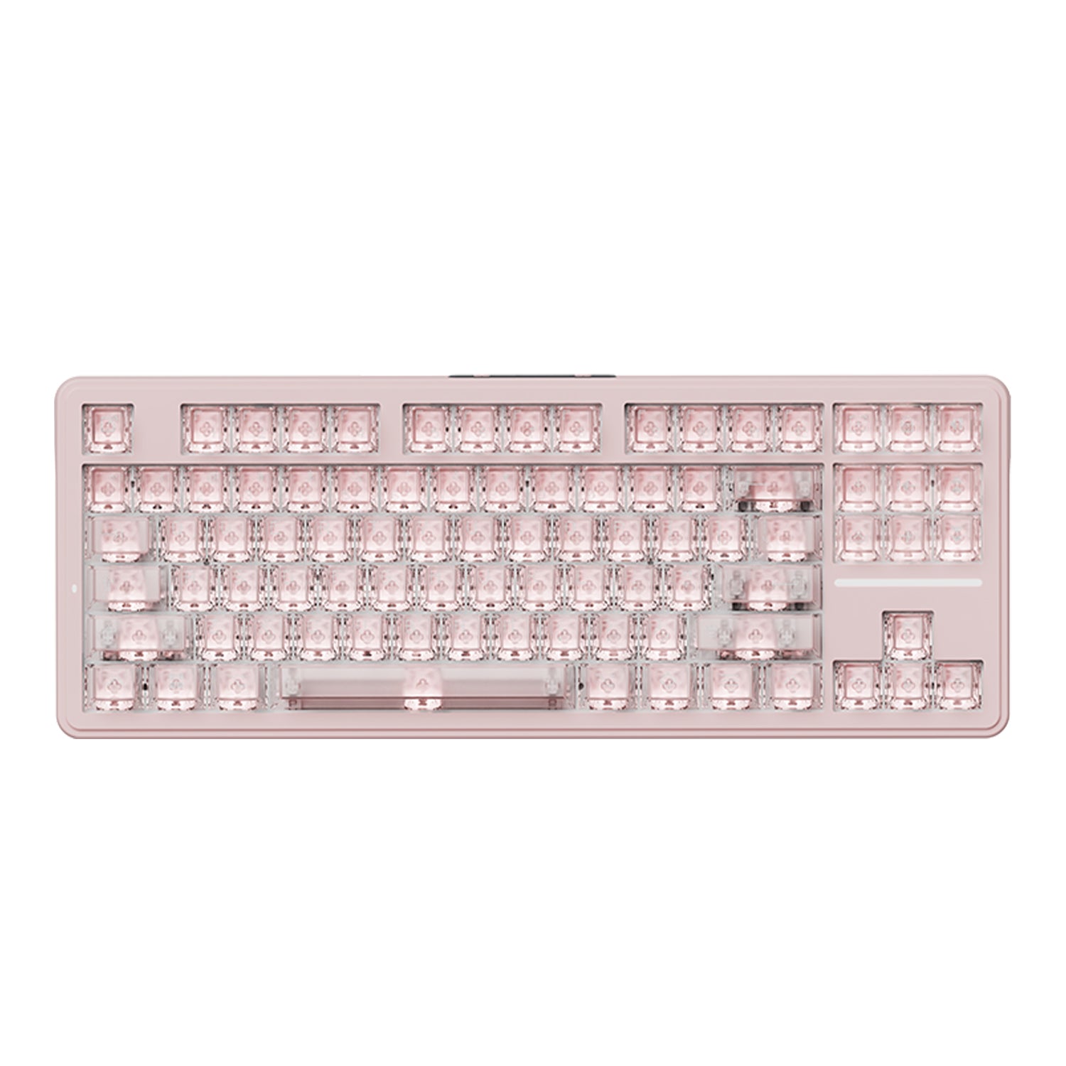 ATK A87 TKL wireless mechanical keyboard in peach mist pink, featuring clear keycaps and an 80% layout.