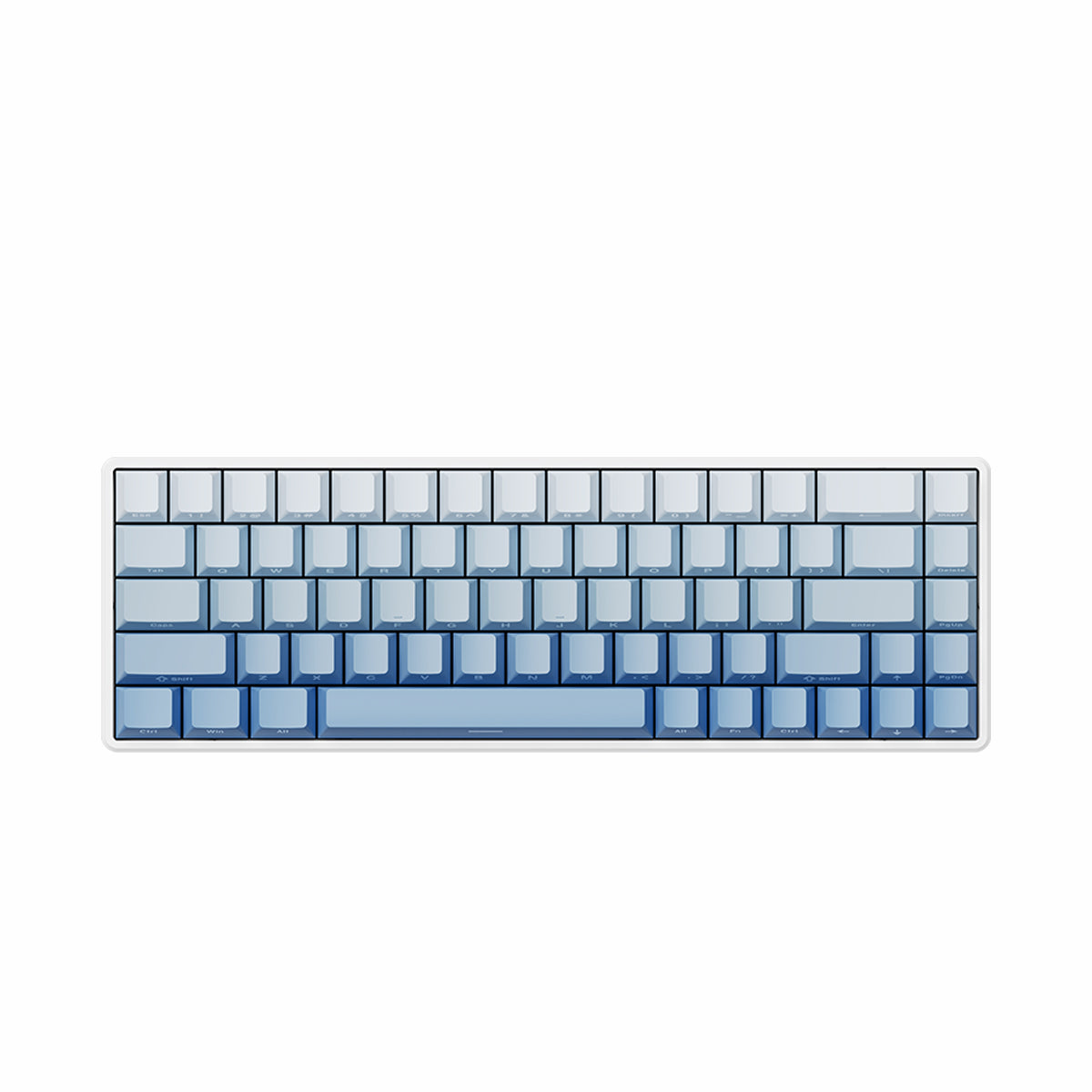 ATK 68 V2 65% mechanical keyboard with white aluminum case and gradient blue Cherry profile PBT shine-through keycaps.