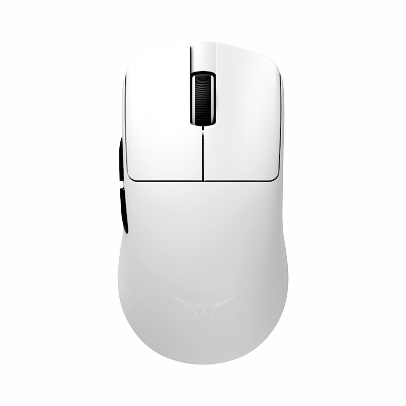 ATK Blazing Sky F1 Series Wireless Mouse in white with a textured scroll wheel and side buttons.
