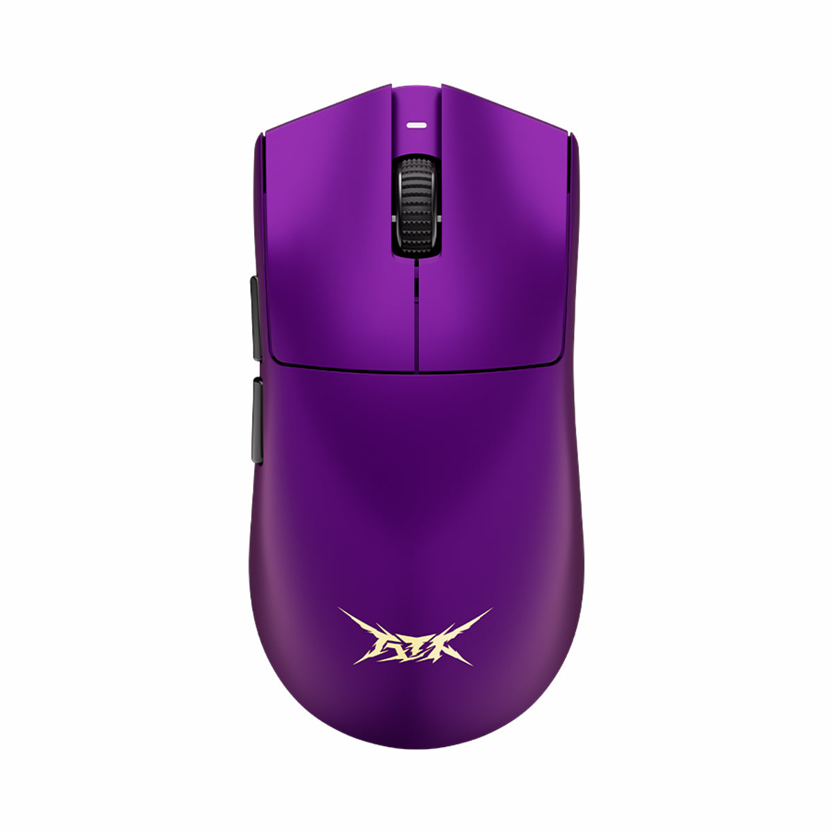 Purple ATK Blazing Sky X1 wireless mouse, matte, black scroll wheel, side buttons, white ATK logo, design.
