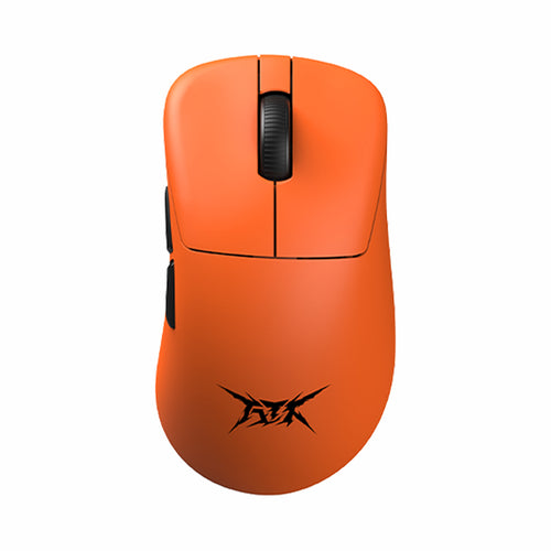 Orange ATK Blazing Sky Z1 wireless gaming mouse with black scroll wheel and side buttons. Features the ATK logo on the base.