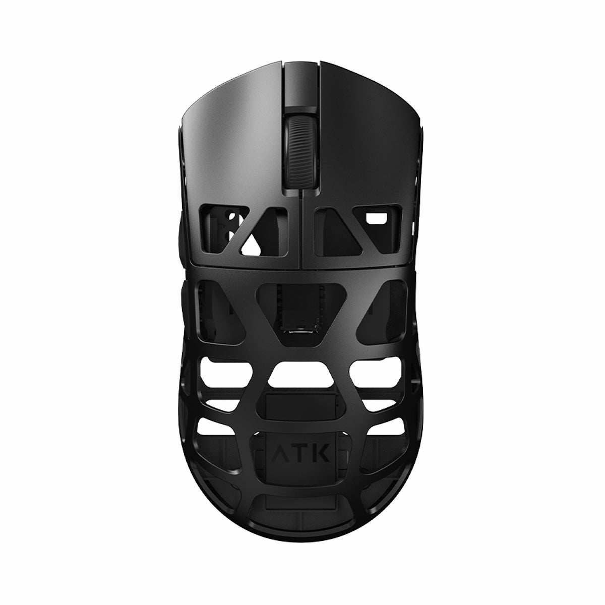 ATK FIERCE X lightweight black magnesium alloy gaming mouse with honeycomb shell design and scroll wheel.