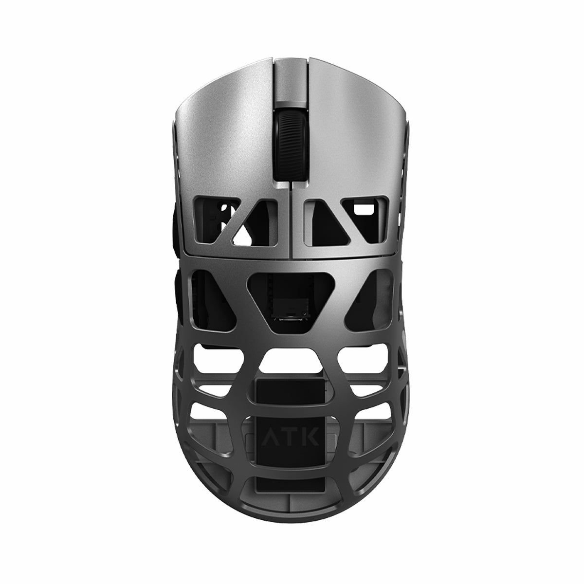 ATK FIERCE X lightweight magnesium alloy gaming mouse in silver gray with a honeycomb shell design.