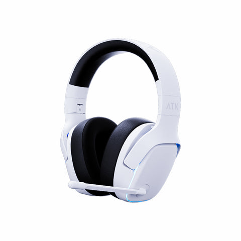 White ATK gaming headset with black earcups and blue LED accents.