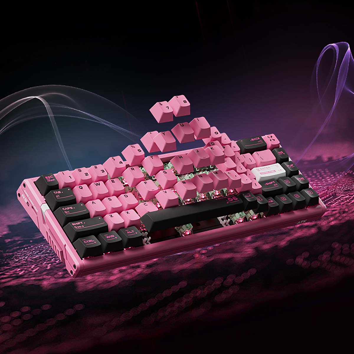 ATK RS6 pink aluminum 65% mechanical keyboard with pink keycaps, showing its sleek design and aluminum plate.