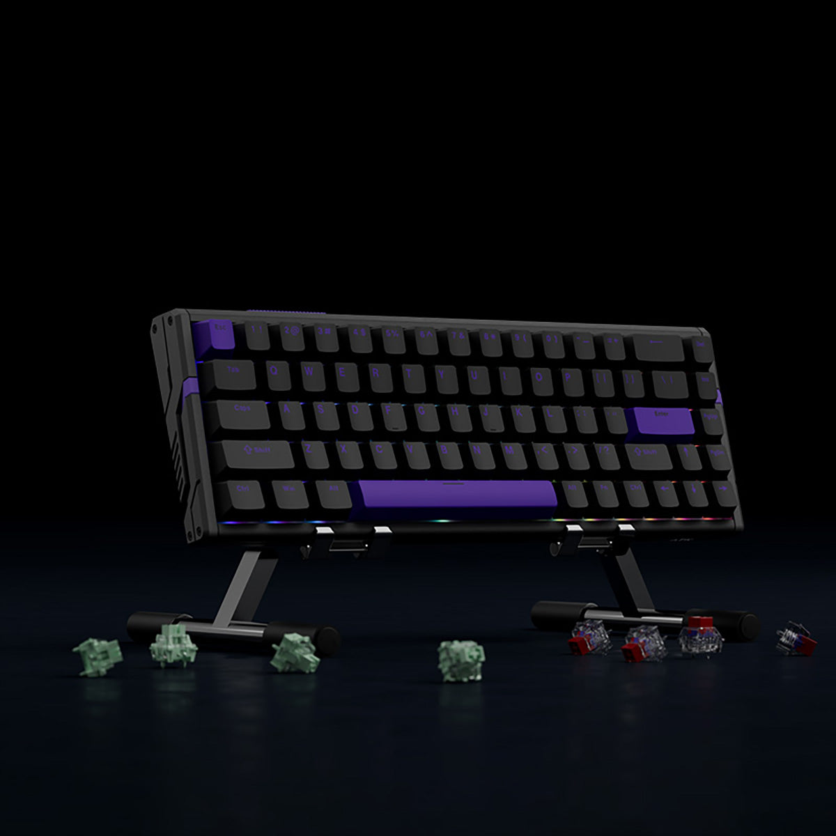 ATK RS6 black aluminum 65% mechanical keyboard with purple accents and RGB lighting, showcasing switches