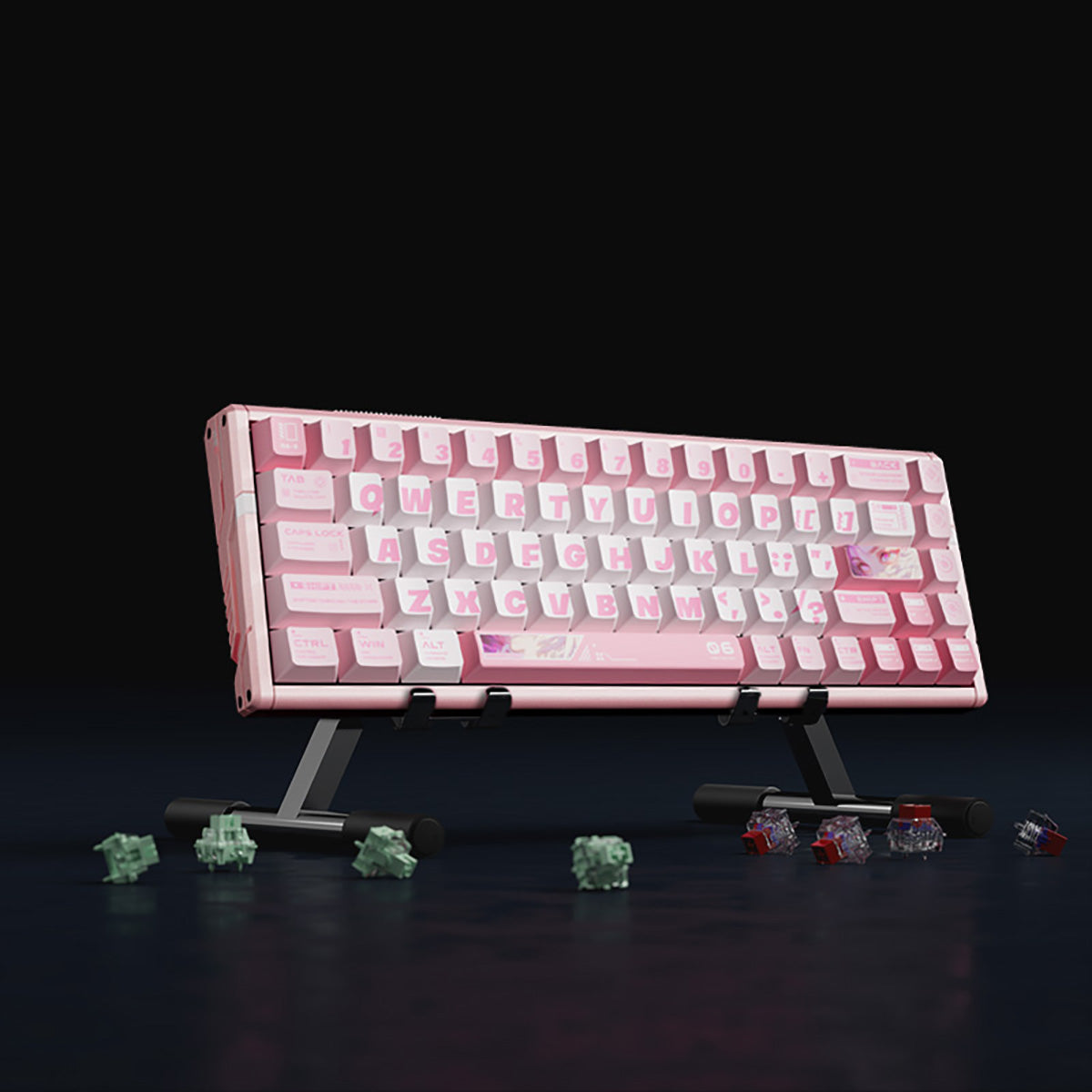 Pink ATK RS6 aluminum 65% mechanical keyboard with anime-themed keycaps on a black background, featuring switch samples.