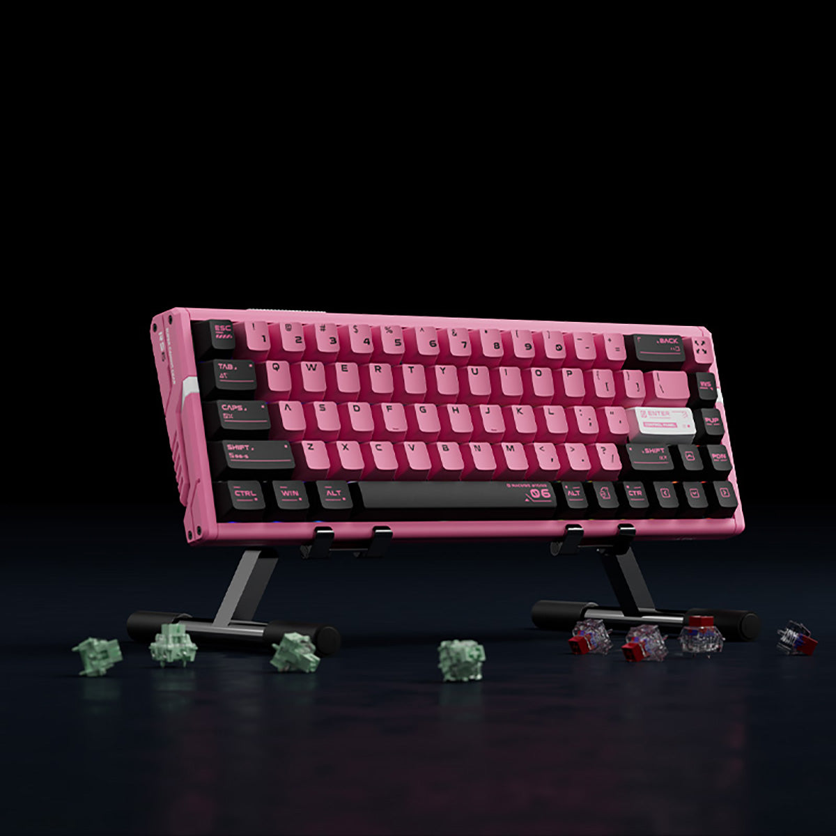 ATK RS6 pink aluminum 65% keyboard with Cherry profile PBT keycaps and a dark background.