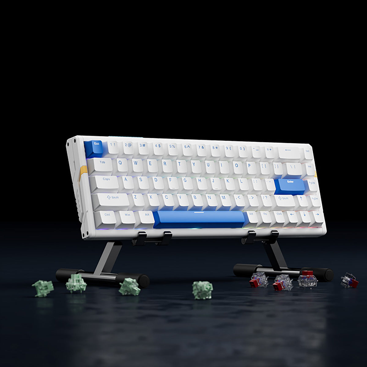 White ATK RS6 65% aluminum Hall effect keyboard with blue spacebar and Enter key.