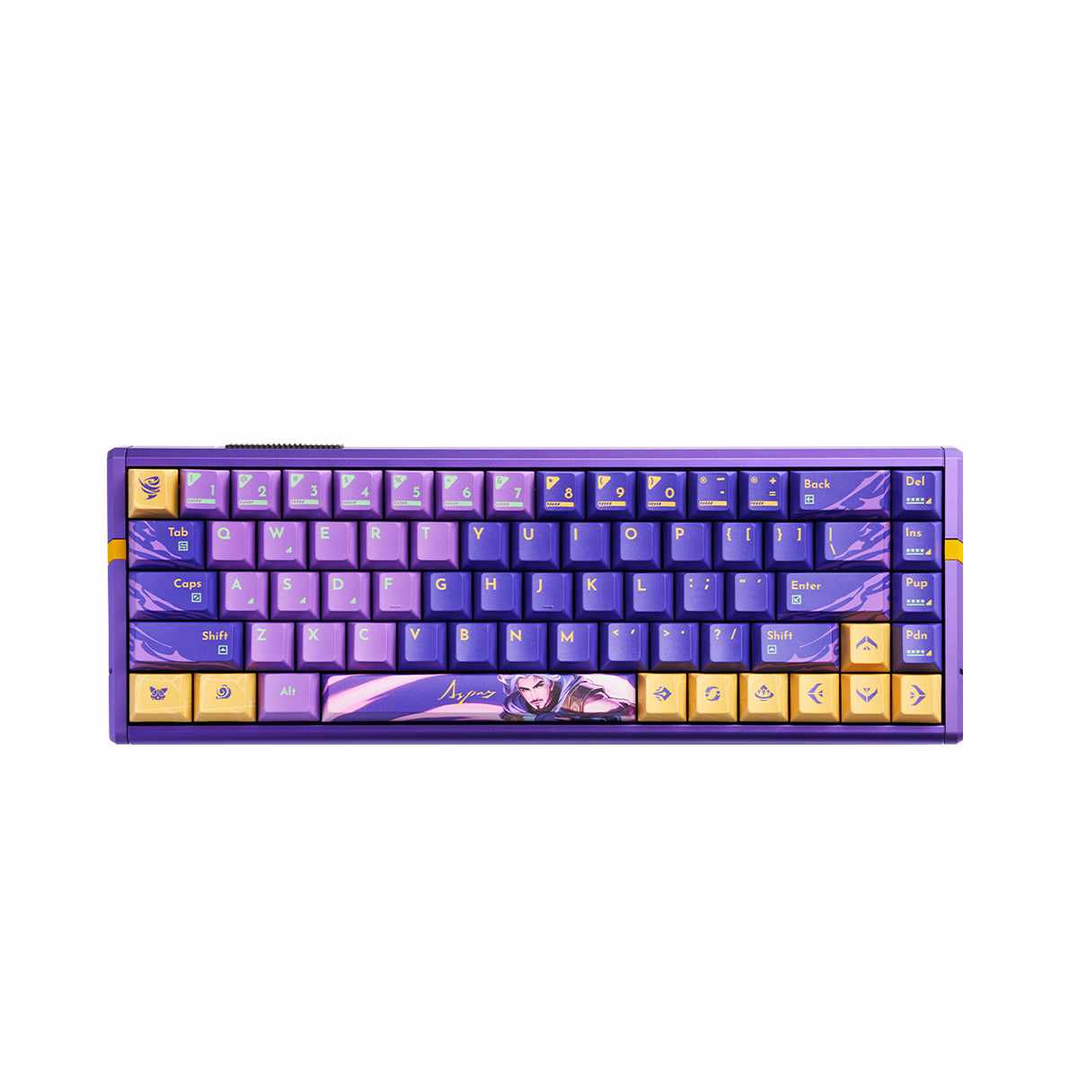ATK RS6 Ultra Aluminum Hall Effect Keyboard with purple case, transparent keycaps, and custom character art.