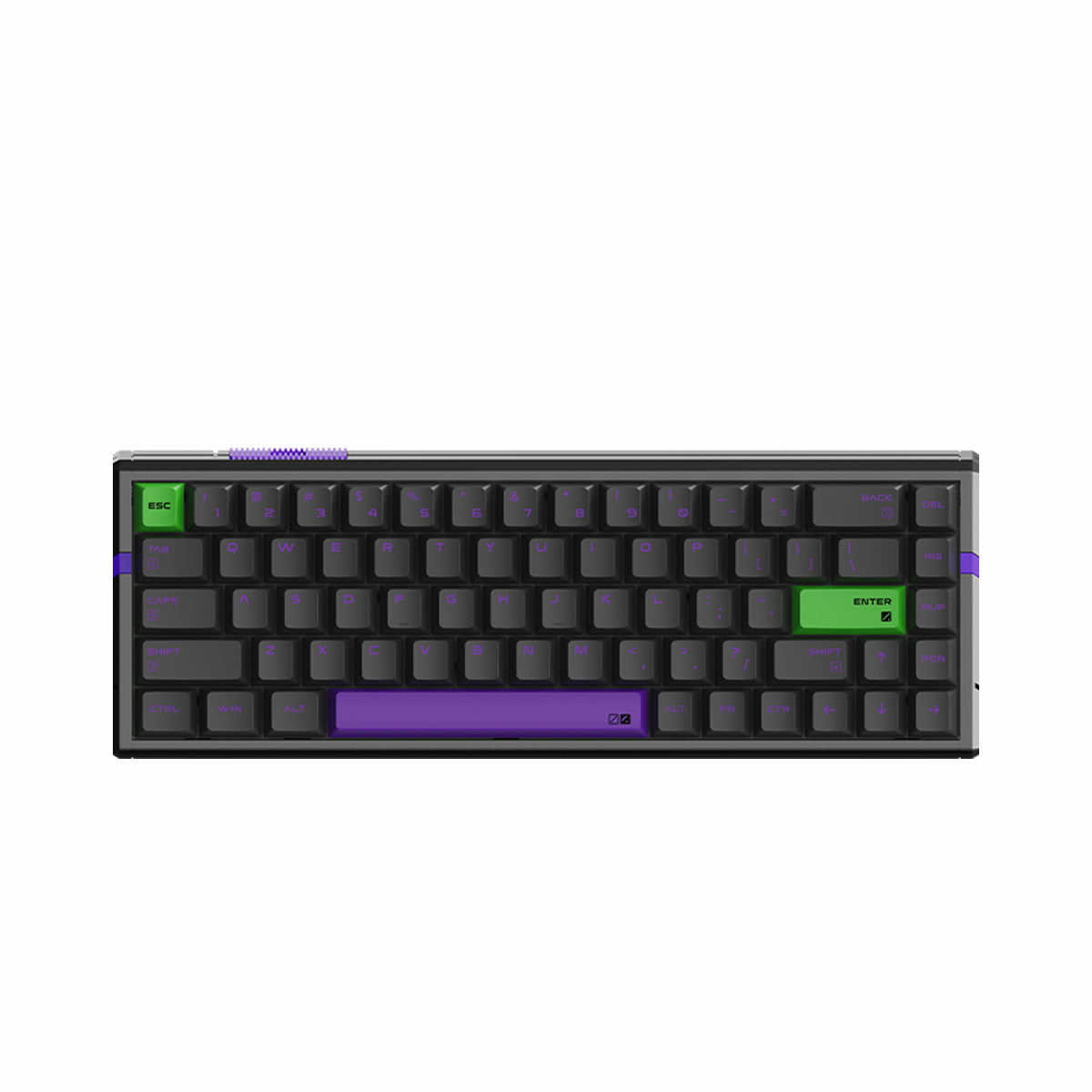 ATK RS6 Aluminum 65% Hall Effect Keyboard with purple and green accents. Features PBT keycaps and an anodized aluminum case.