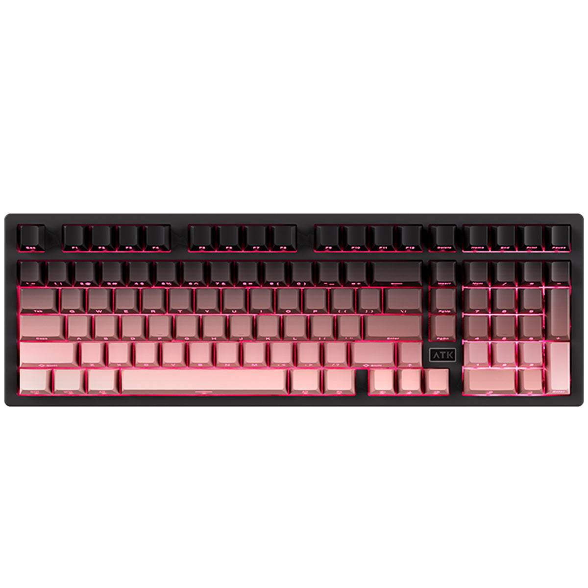 ATK V100 mechanical keyboard with a gradient of pink and black keycaps and pink backlighting.