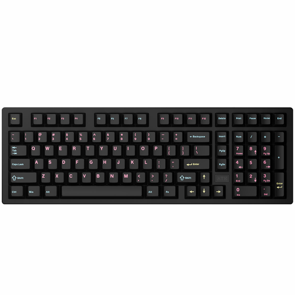 Black mechanical keyboard with pink keycaps and glowing accents