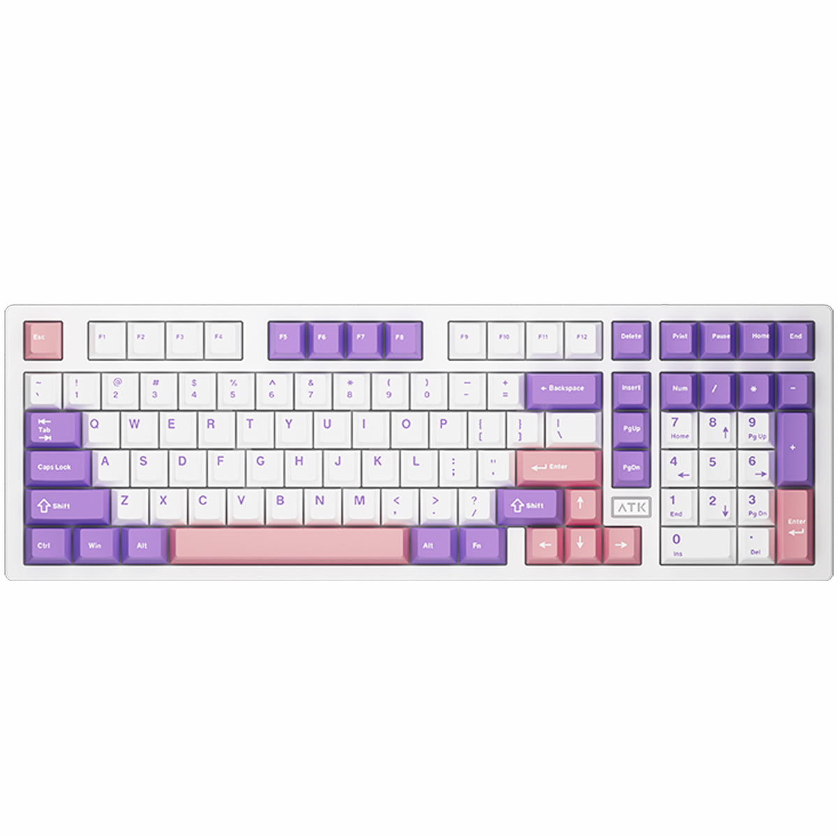 ATK V100 Perilla Purple mechanical keyboard with pink and purple keycaps.