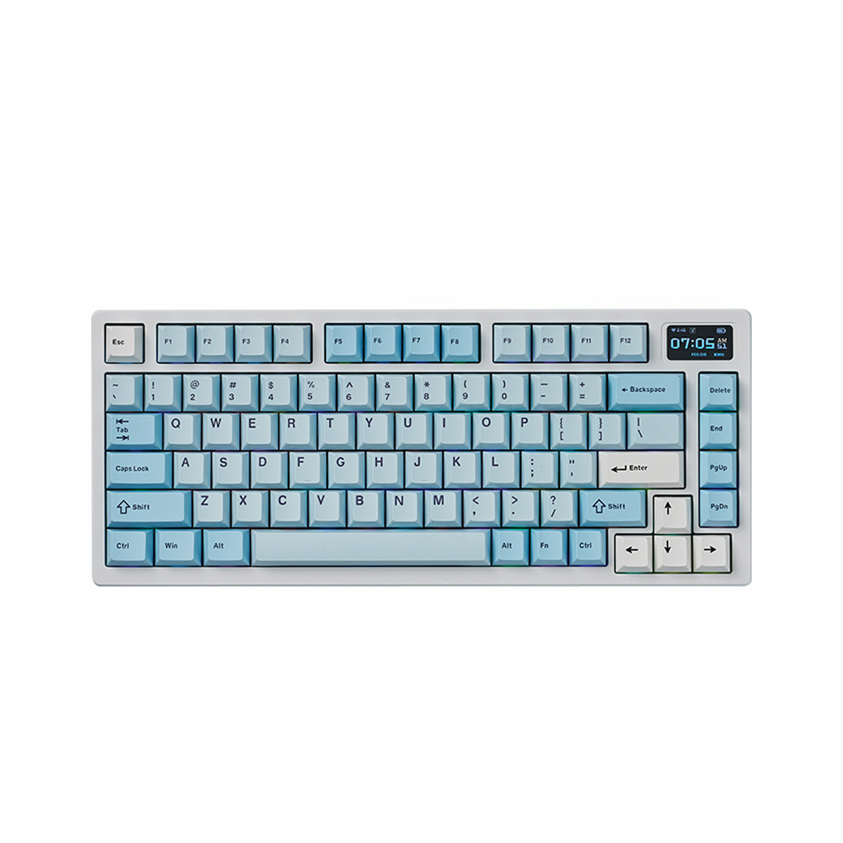 ATK VXE V75 PRO wireless mechanical keyboard with a light blue aluminum case and a digital display showing 07:05