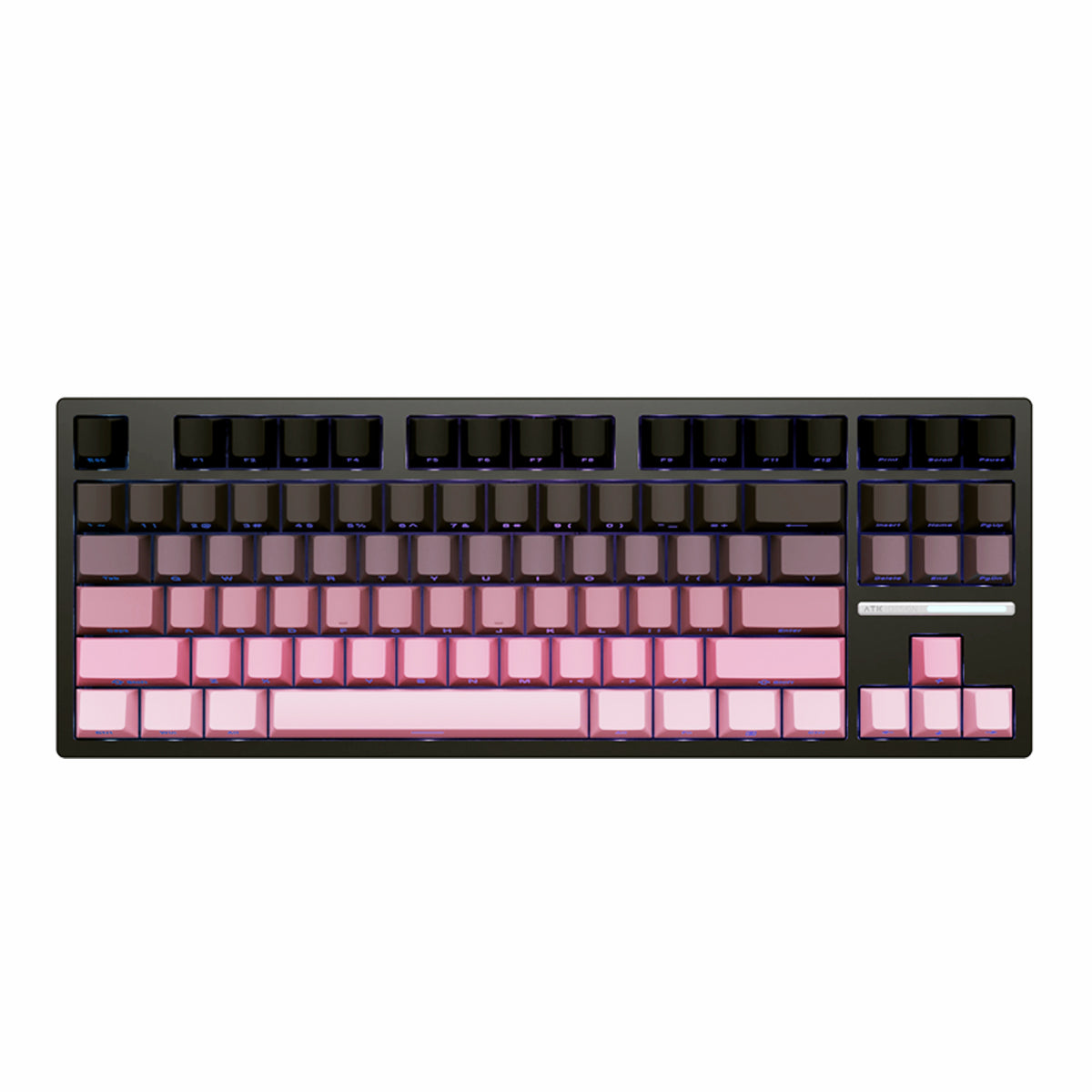 ATK Z87 80% wireless keyboard, black aluminum case, pink keycaps, purple RGB lighting. Aesthetic design showcase.