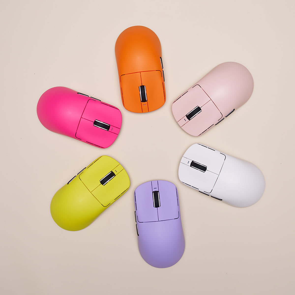 VXE Dragonfly R1 wireless gaming mouse in various vibrant colors arranged in a circle.